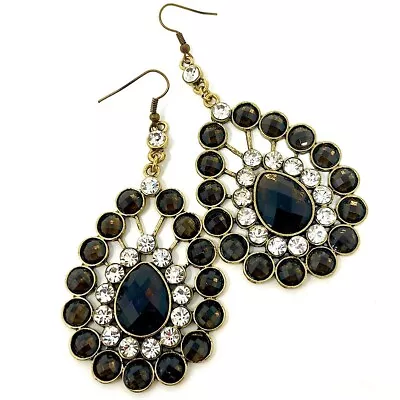 Black Acrylic Bead Crystal Chandelier Earrings In Antique Gold Tone • £7.88