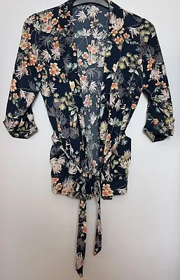 M&S Navy Blue Floral Belted Throw On Jacket Size 12 • £8.95