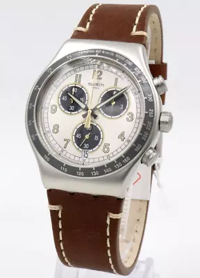 New Swiss Swatch Irony RHUM Chronograph Brown Leather Men Watch 45mm YVS455 $190 • $148.20