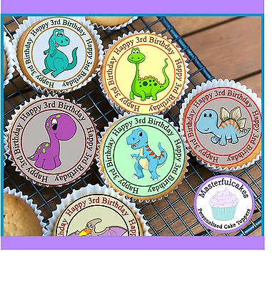 24 X Dinosaur 3rd Birthday Edible Cupcake Toppers Wafer Paper Icing & Pre-cut • £4.25