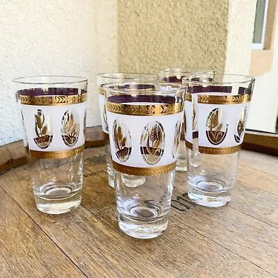 $50 • Buy Set Of 5 Brockway Glass Golden Wheat Tumblers Frosted Cocktail Glasses Bar MCM