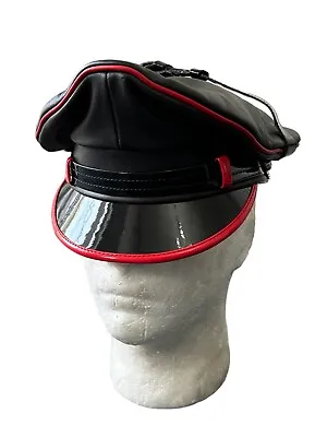 Real Leather BikerMuirPolice Gay Cap With Red Trim Peak • £36.99