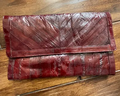 Vintage Eel Skin Envelope Clutch Flat Pouch Evening Wear Purse Brown Classic Bag • $34.90