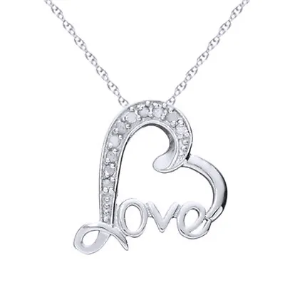 1/10Ct Real Diamond Antique Heart Written Love On Pendant 18  Chain In Sterling • $85.49