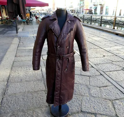 Vintage Men's Leather Trench Coat Double Breasted Burgundy Bordeaux Size L • $220