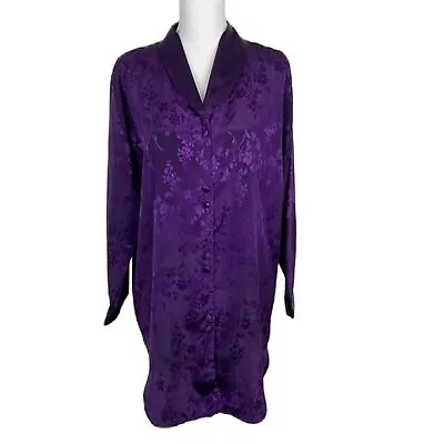 Hablen Fantasies Blouse Women Small Purple Button Up Satin Leaf Print Adult • $12.50