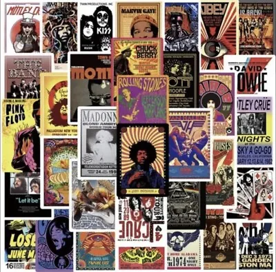 $16.99 • Buy 50 Pc Lot Retro Rock N Roll Bands Vinyl Sticker Of Old Concert Poster Fast Ship!