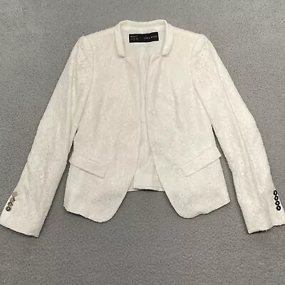 Zara White Lace Blazer Womens Medium Open Front Bridal Career Office • $29