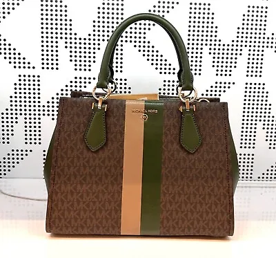 Michael Kors Marilyn MK Signature Green Brown Multi Medium Satchel Crossbody Bag • $172.98