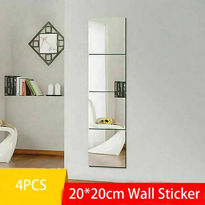 £5.99 • Buy 4X Glass Mirror Tiles Wall Sticker Square Self Adhesive Stick On Art Home Decor