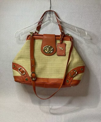 $45 • Buy Emma Fox Natural Woven Beige Leather Crossbody Satchel Bag Tangerine Orange