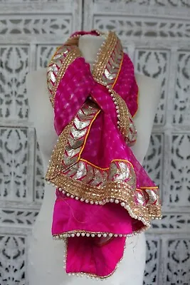 Pink Bandhani With Gota Patti Braid Preloved Bollywood Chunni Dupatta SKU19152 • £28.99