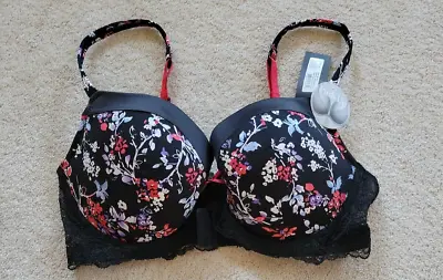 NWT Womens Marie Meili Push Up Bra Black Crimson Floral Pattern Underwire 36 D • £15.43