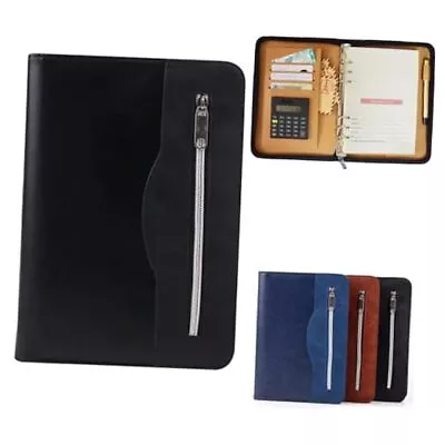  A5 Padfolio With Calculator PU Leather Business Portfolio Zippered Black • £27.13