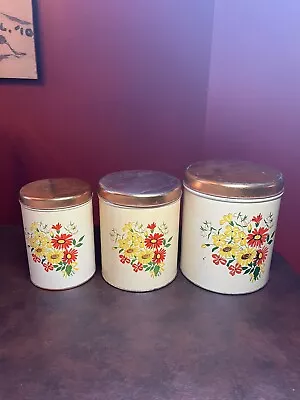 VTG 1940 NC Colorware Metal Canister 3 Piece Set Red And Yellow Flowers Retro • $38