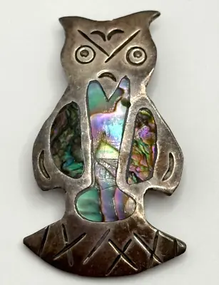 Vintage Owl Inlaid Abalone Sterling Silver Mexico TP-87 Brooch Pin • $23.79