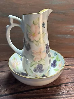 Vintage Ceramic Pitcher And Bowl - Hand Painted Artist Signed Floral Butterfly • $34.99