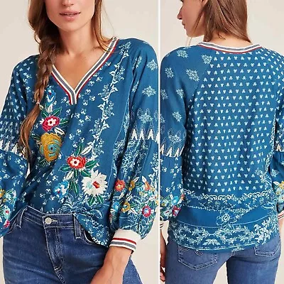 Anthropologie Vineet Bahl Jocelyn Embroidered Floral V-Neck Blouse Top SMALL S • $39.97