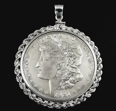 Coin Pendant Genuine 1921 Morgan Dollar Silver Coin Rope Sterling Silver Bezel • $106.95