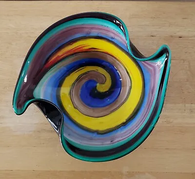 Vint. MURANO Italian Glass Art Dish Black Blue Yellow Swirl Hand Blown Bowl 9.5  • $56.99