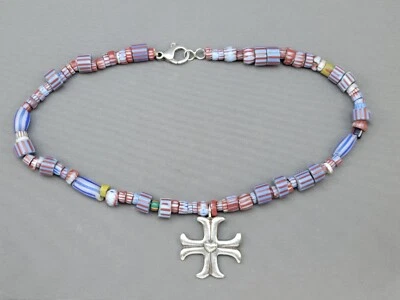$95.50 • Buy Dian Malouf DLM Silver Maltese Cross & Glass Bead Choker Necklace - 14”