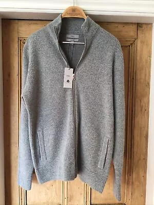 Bnwt M&s Mens Cardigan Wool Mix Zip Up Grey Funnel Neck Ribbed 38-40” Chest • £22.99