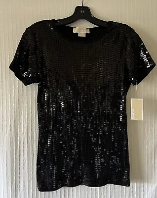 NWT MICHAEL KORS Black Sequin Top Tee Sz M $130 • $34.99