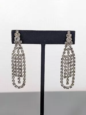 Vintage Art Deco Rhinestone Drape Chain Dangle Pierced Earrings • $6.99