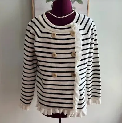 J. Crew Navy & White Double Breasted Katie Cotton Ruffle Sweater Jacket Size S • $30
