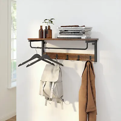 Wall Mounted Coat Racks 5 Hooks Rack Shelf Vintage Hanger With Hanging Rail • £23.99