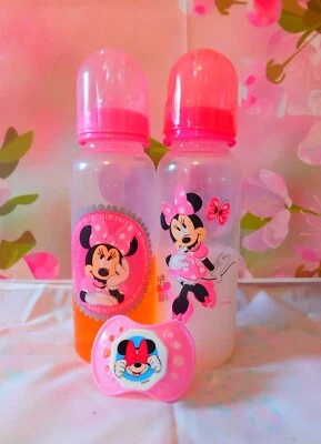 £15.78 • Buy Reborn Baby Doll 2 MINNIE MOUSE Bottles Fake Milk & Juice W Pacifier SET PINK