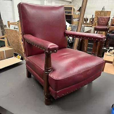 Antique Red Heavy Oak Library Fireside Armchair Maker RK Needs Reupholstery • £179.99