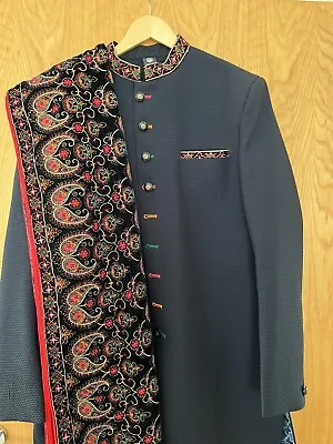 Navy Blue Embroidered Sherwani- Indian Mens Bollywood Suit In Size 42 • £200