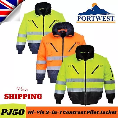 PORTWEST Hi-Vis Pilot Jacket Waterproof Bomber Fur Lined Winter Work Wear Coat • £11.29