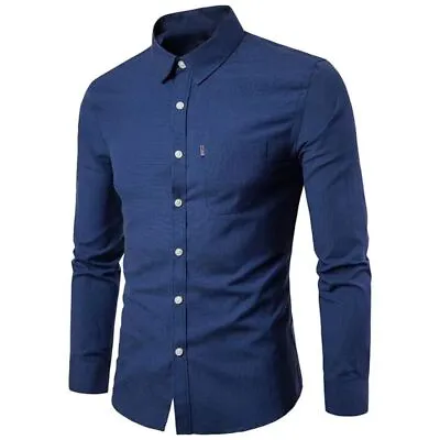 Mens Casual Work Shirt Long Sleeve Oxford Collar Formal Button Down Shirts Size • £11.99