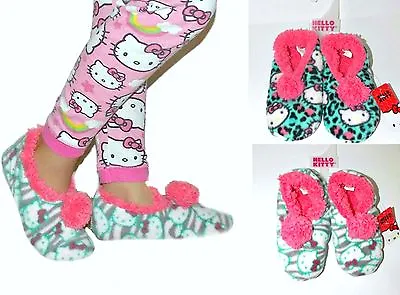 2 Pairs NWT Hello Kitty Pom Pom Fleece Slipper Socks For Girls 11/1213/12/3 • £11.24