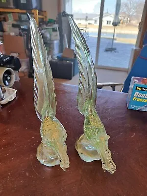 Murano Venetian Mid Century Rare Pair Of Gold Flakes Pheasant Tailed Roosters • $999.99