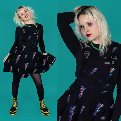 RUN AND FLY Lightning Bolt Print Flared Pinafore Dress 8-26 Rainbow Alt Retro • £39