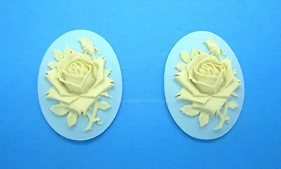 2 IVORY Color Rose On SKY BLUE Flower CAMEOS 40mm X 30mm Costume Jewelry CAMEOS • $2.29