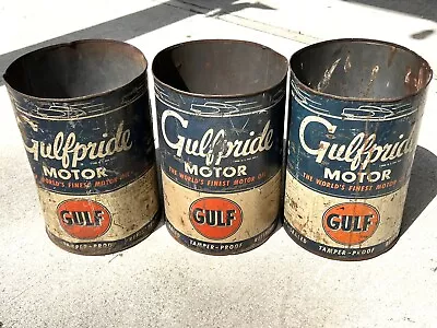 ✨lot Of (3) Large 5qt Gulfpride Motor Oil Tin Litho Can Gas Sign Gulf Vtg 9.5”✨ • $19.99