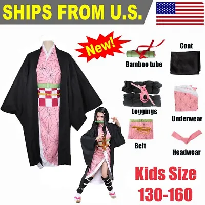 Kids Anime Demom Slayer Kimetsu No Yaiba Kamado Nezuko Cosplay Costume Kimono • $25.19