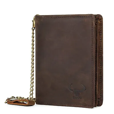 Retro Men Wallet With Chain Genuine Leather RFID Blocking Bifold Biker Trucker • $16.99