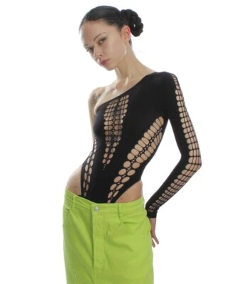 £5 • Buy Nii Hai Black Asymmetric Cutout High Leg Body Suit Poster Girl Style Small