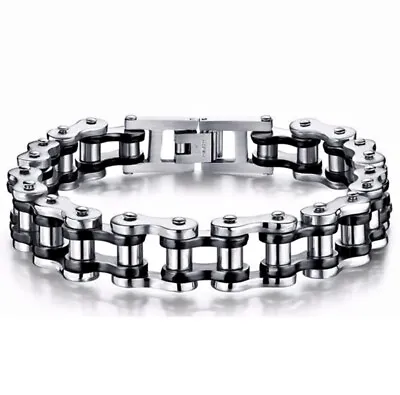 Men's Stainless Steel Motorcycle Biker Chain Link Silver & Black Bracelet • $16.99