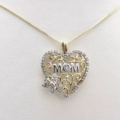 10K Gold Diamond Butterfly Mom Heart Pendant Necklace New Adjusts 17in Or 19in • $236.55