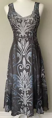 KOMAROV Crinkle Fit And Flare Maxi Dress Gray / Blue Sz Small EUC Made In USA • $118.98
