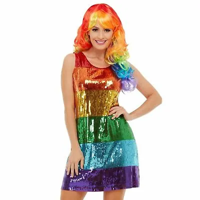 Ladies Pride Glitter Rainbow Sequin Dress Festival Multicolour Disco Rave Shift • £23.60