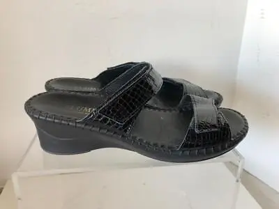 La Plume Leather Sandals Black Moc Croc Comfort Adjustable Strap Size 9 EUR 40 • $19.99