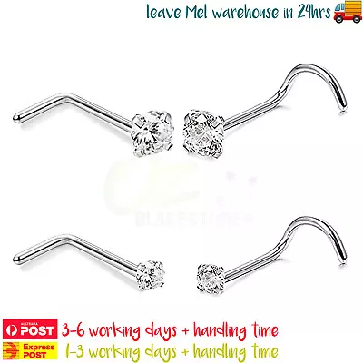 2PCS Nose Stud Round Diamond Screw Shaped Surgical Steel Ring Piercing Jewellery • $5.99