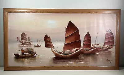 Asian Junk Boat Fishing Oil On Canvas Painting By P. Wong  *HUGE* • $475